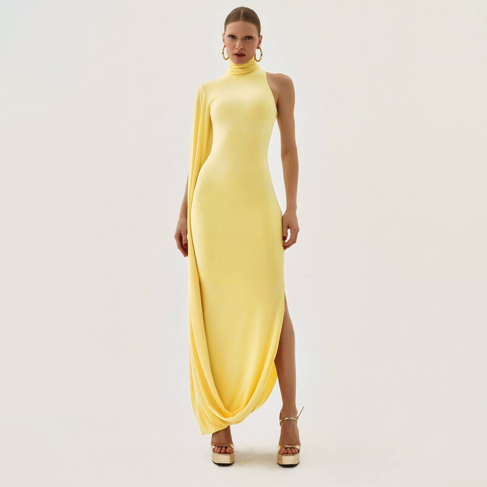 High Grade Wear Women Clothing Solid Color Half Collar off the Shoulder Waist Sexy Split Dress
